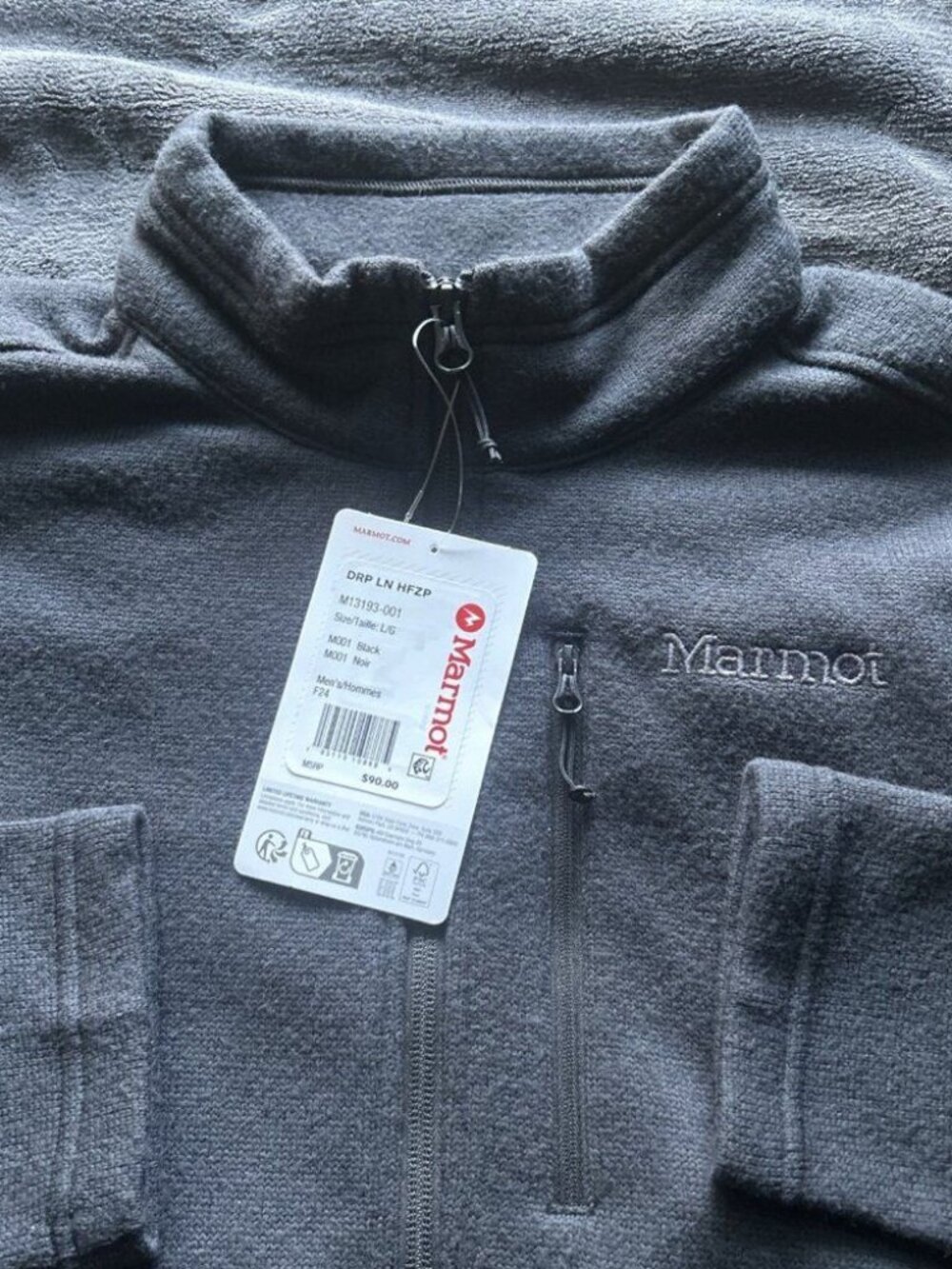 Men's Marmot Drop line 1/2 zip Pullover  Sweater Jacket Black NWT Size Large